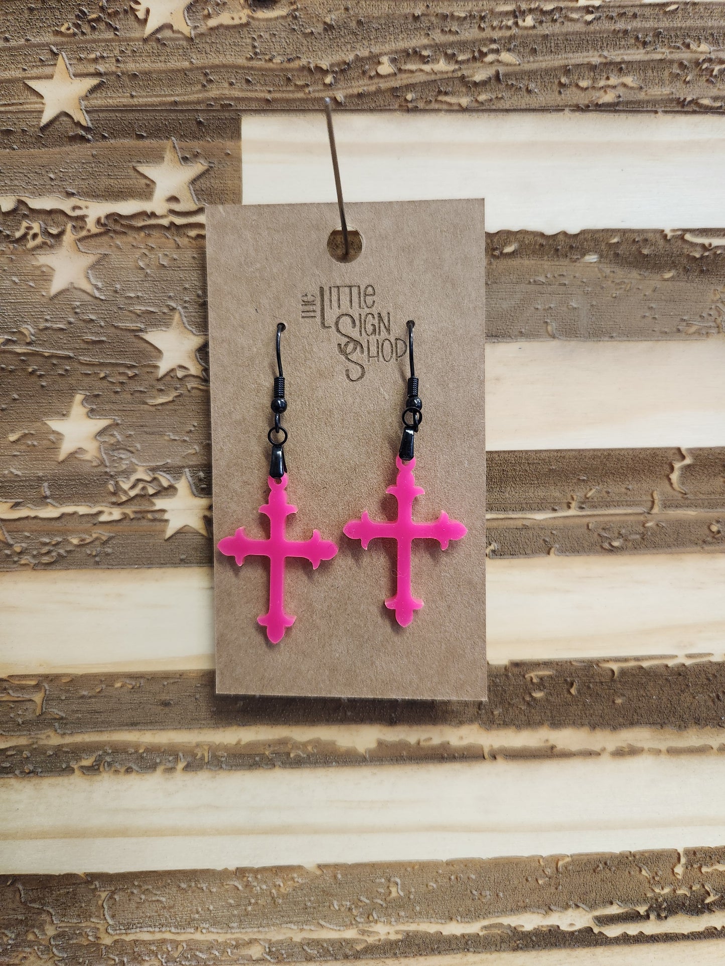 Hot Pink Acrylic Cross Earrings