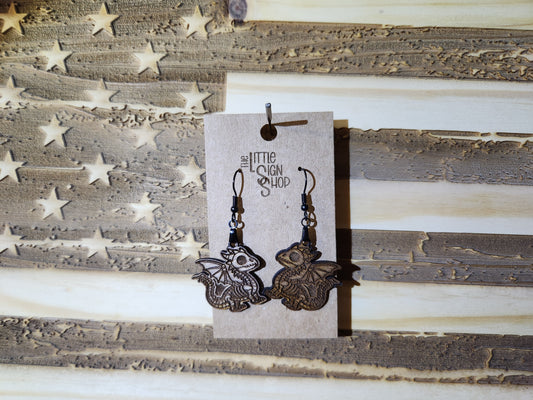 Halloween Baby Dragon Skeleton Laser Cut Lightweight Wood Earrings