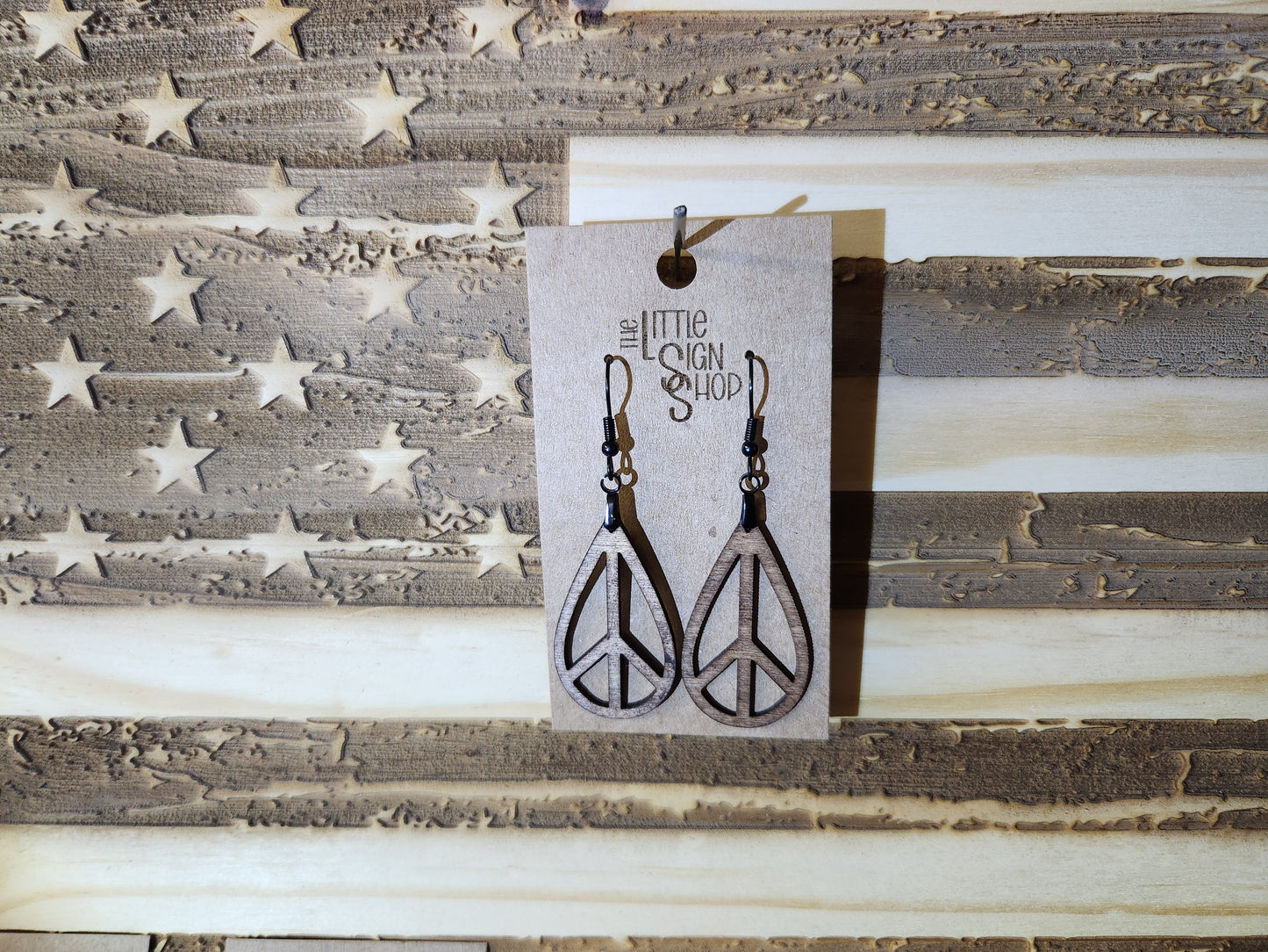 Wood Laser Engraved Peace Sign Tear Drops Lightweight Earrings