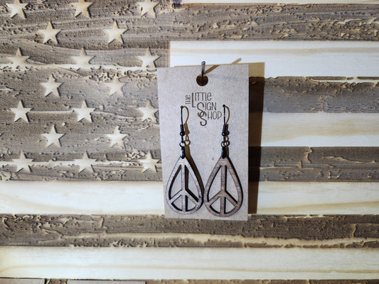 Wood Laser Engraved Peace Sign Tear Drops Lightweight Earrings