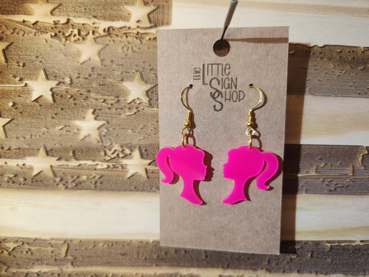 Hot Pink Barbie Head Silhouette Acrylic Earrings