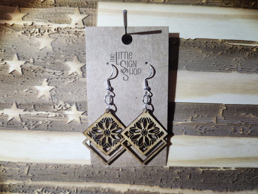 Square Floral Wood Laser Cut Earrings