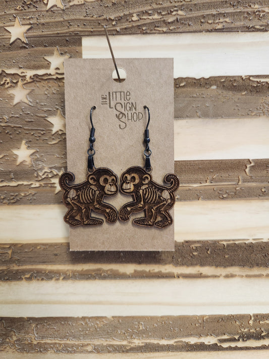 Monkey Skeleton Wooden Laser Engraved Earrings
