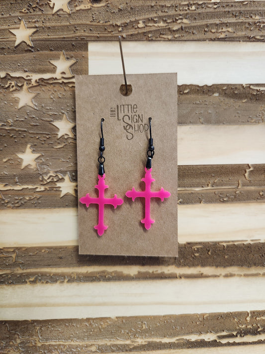Hot Pink Acrylic Cross Earrings