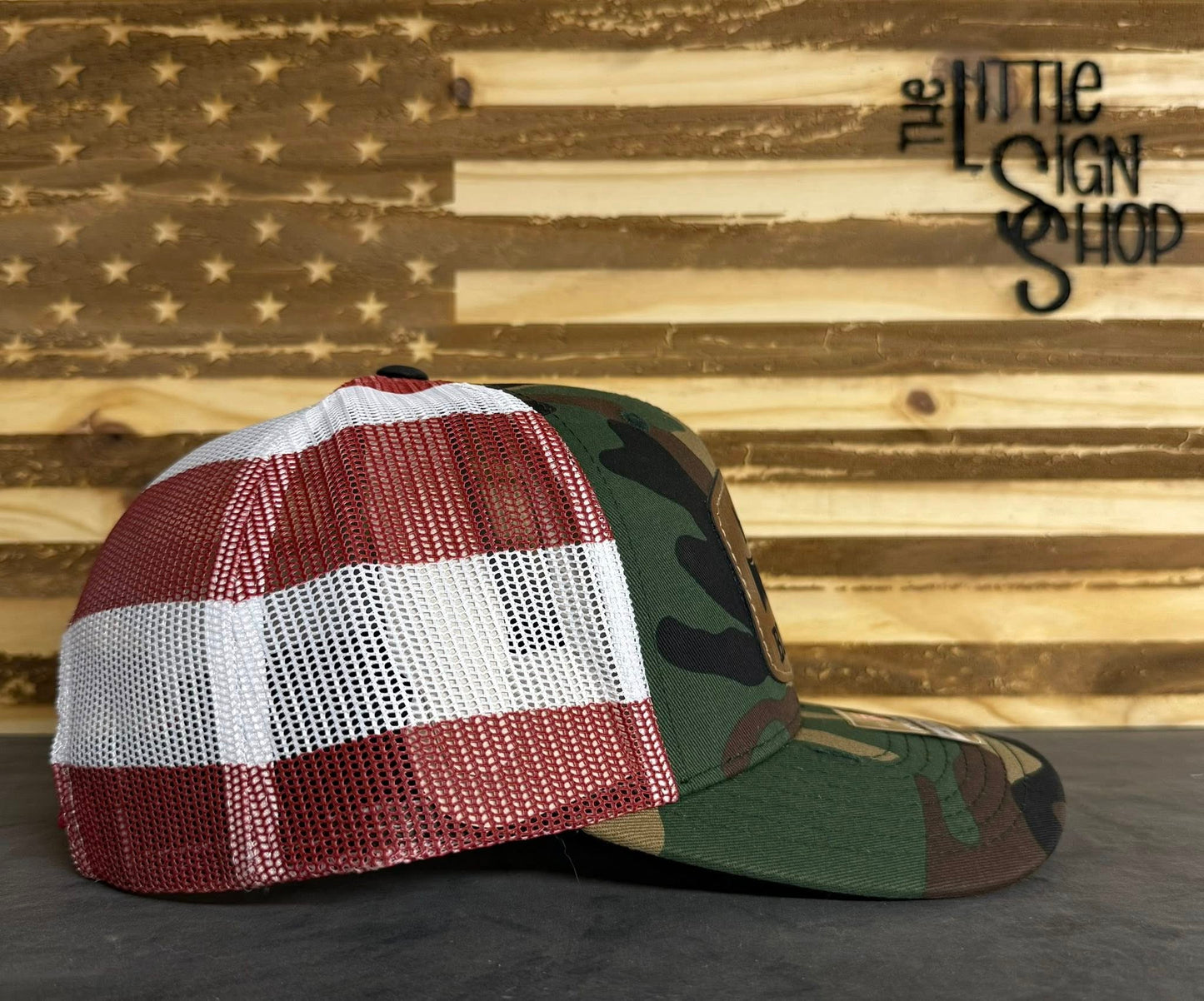 Richardson 112 Camo/American Flag Hat with "Blow Me" and Duck Call