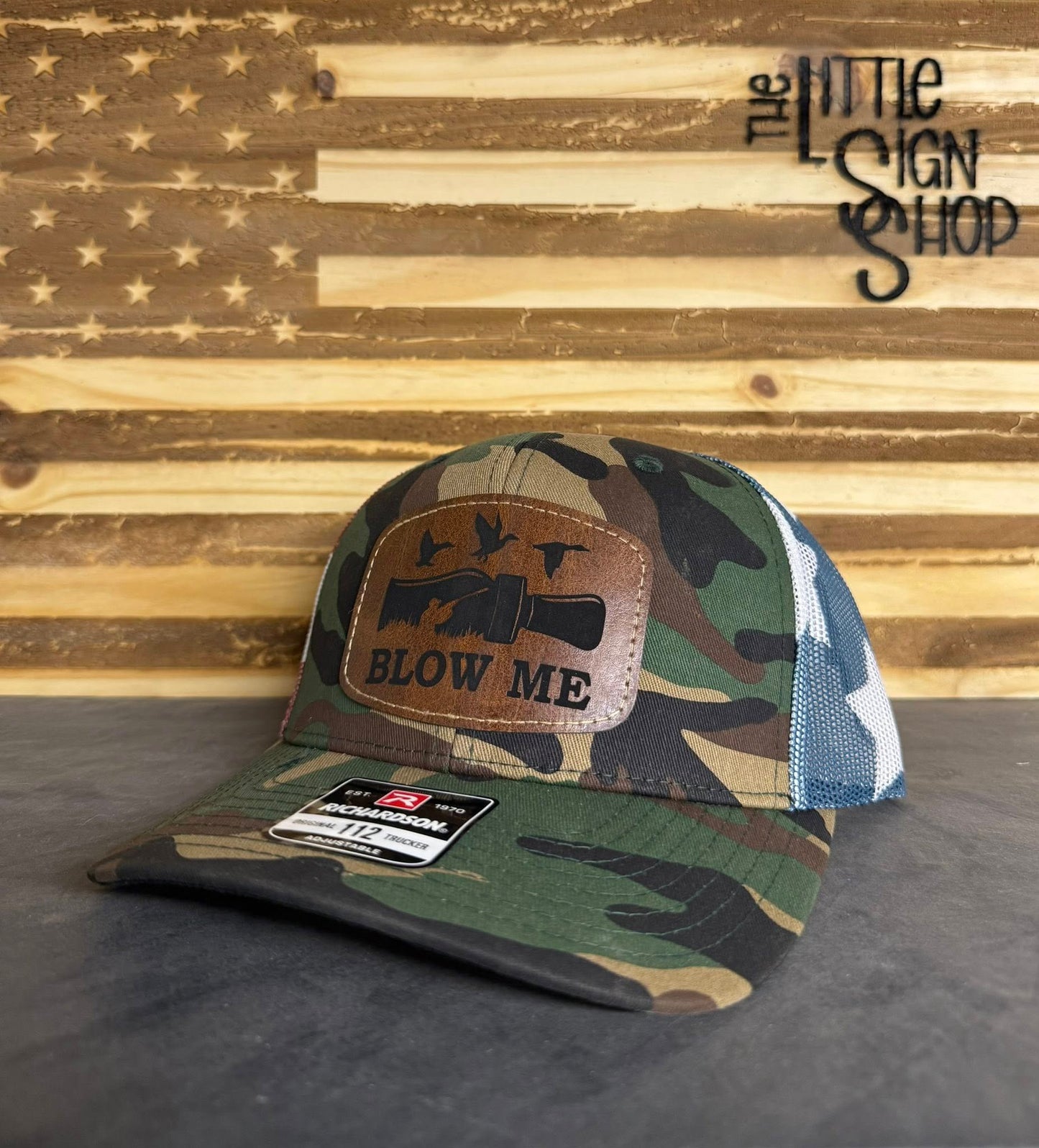 Richardson 112 Camo/American Flag Hat with "Blow Me" and Duck Call