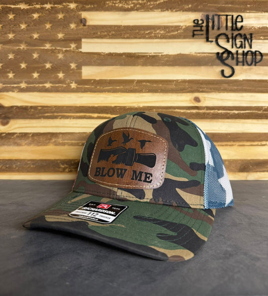 Richardson 112 Camo/American Flag Hat with "Blow Me" and Duck Call