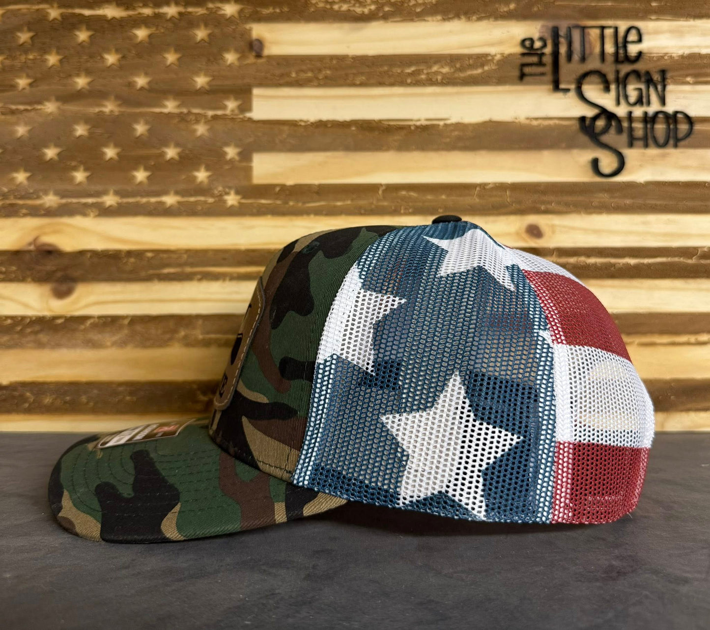 Richardson 112 Camo/American Flag Hat with "Blow Me" and Duck Call