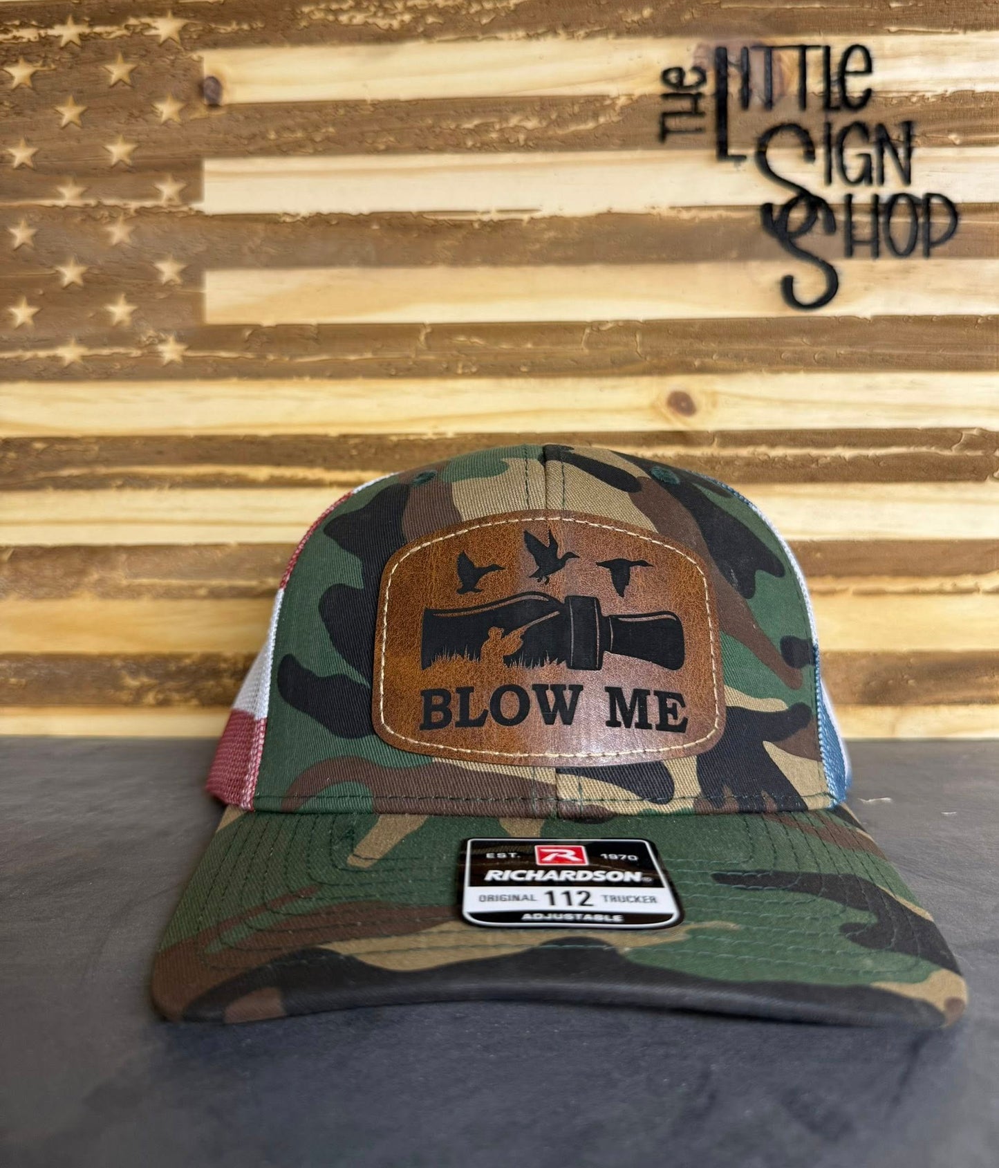 Richardson 112 Camo/American Flag Hat with "Blow Me" and Duck Call