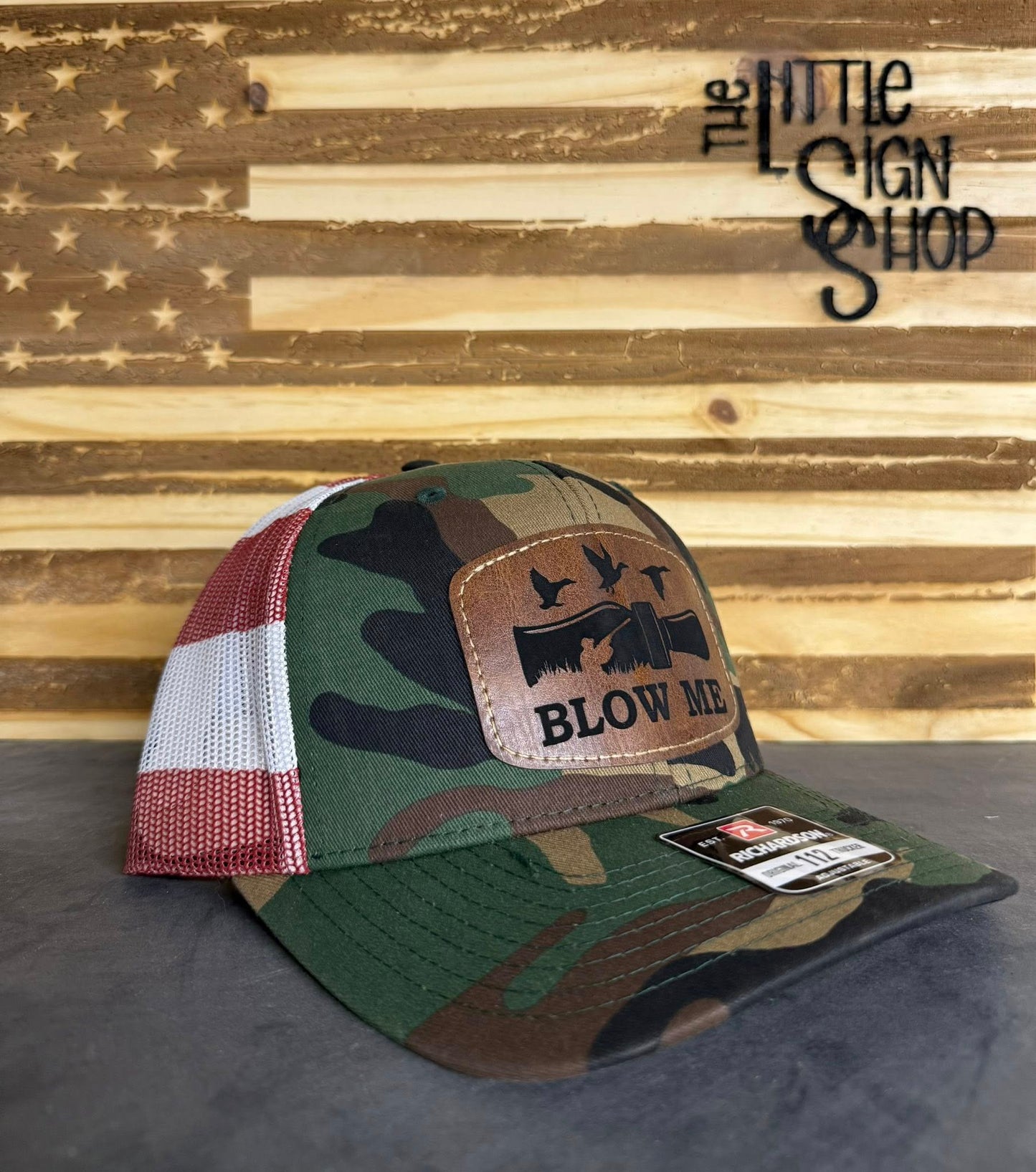 Richardson 112 Camo/American Flag Hat with "Blow Me" and Duck Call