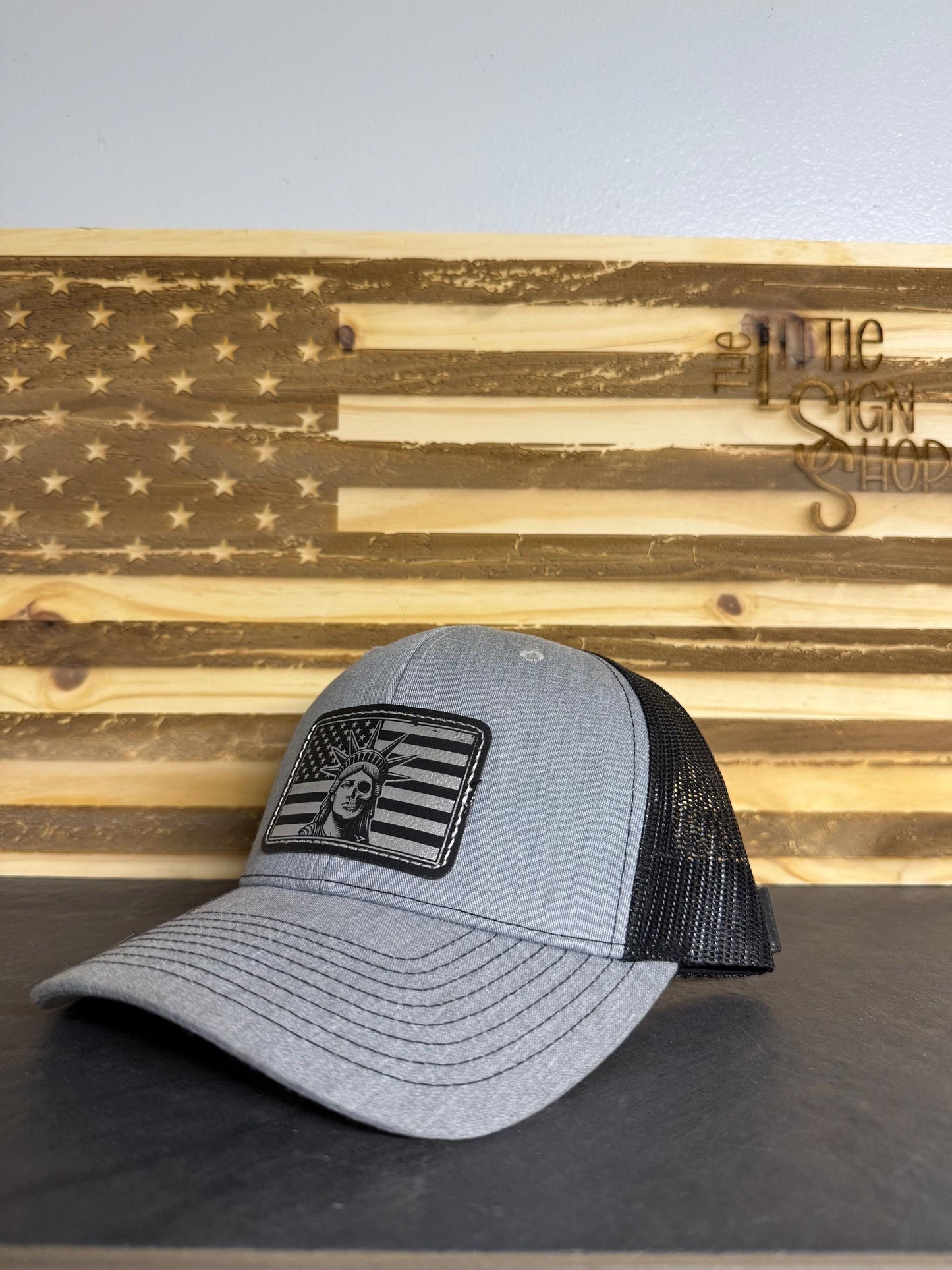 Statue of Liberty Skull Patch Hat: American Flag Trucker Snapback